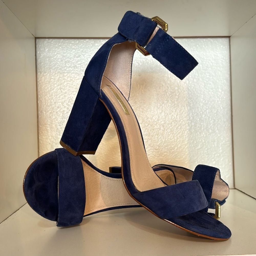 Louise et Cie Blue Suede Open Toe Chunky Heel Ankle Strap Cocktail Party Sandals